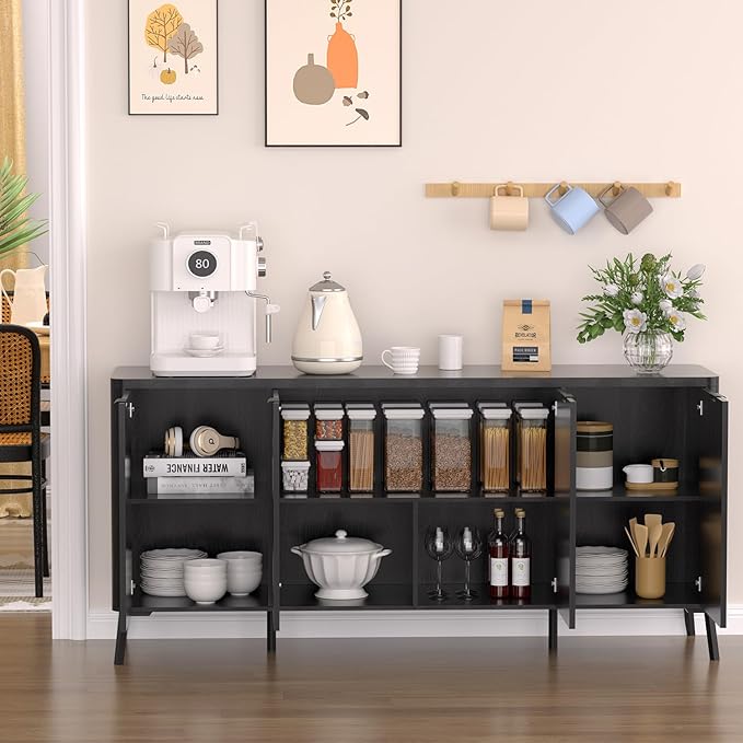 Buffet Cabinet, 63" Large Sideboard Buffet Cabinet with Storage, Modern Fluted Sideboard with 4 Doors, Wood Credenza Coffee Bar Storage Cabinet, for Living Room, Kitchen, Hallway, Black