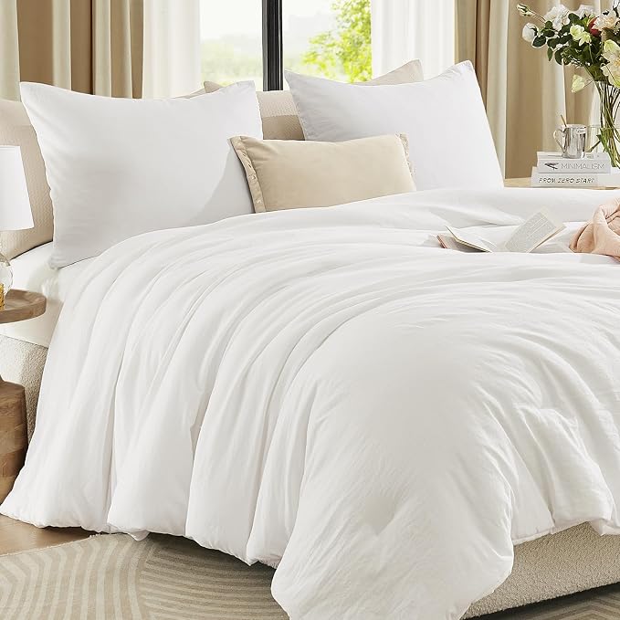 WRENSONGE Full Size Comforter Sets - 3 Pieces Prewashed White Comforter Soft Lightweight for All Seasons,Fluffy Down Alternative Comforter Full Size with 2 Pillow Shams