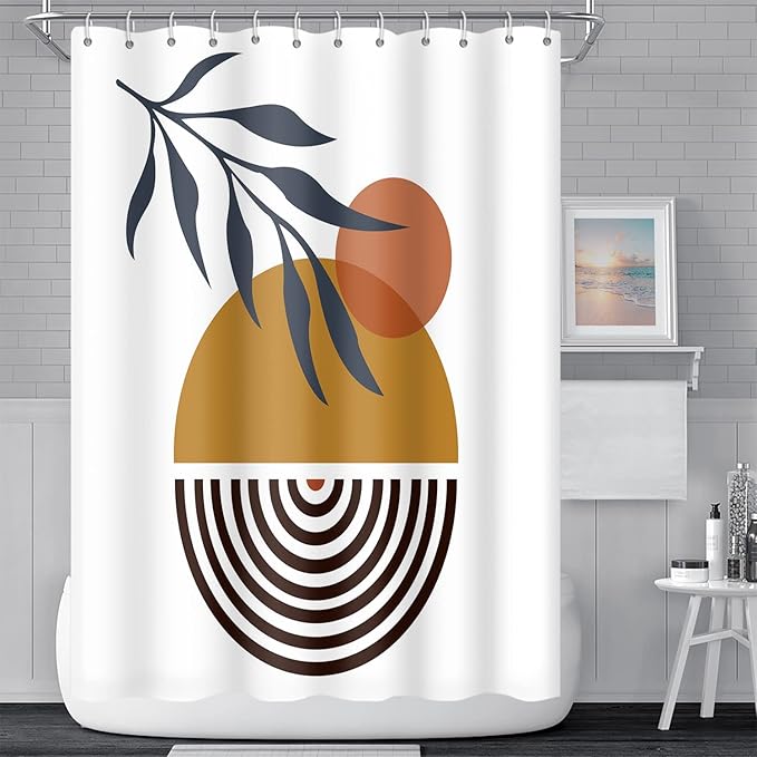 Mid Century Bohemian Bathroom Shower Curtain Abstract Circle Eucalyptus Leaves Sun Boho Shower Curtain with Hooks Waterproof Fabric Polyester Shower Curtain Aesthetics Home Decor, 60x72 Inch