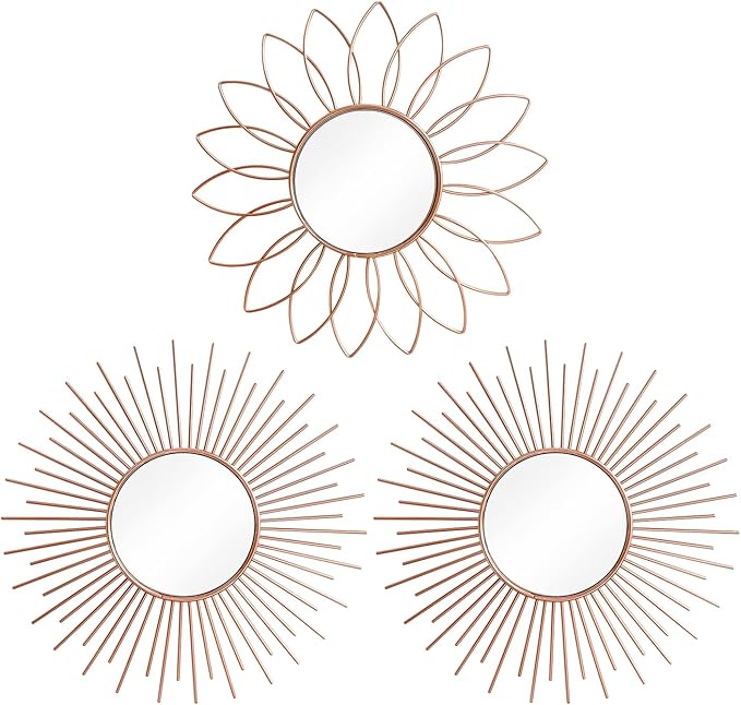 3 Pack Metal Mirrors for Wall Sunburst Wall Mirrors Home Décor Decorative Hanging Wall Art for Living Room Bedroom Entryway (Rose Gold2, Flower+Sunburst)