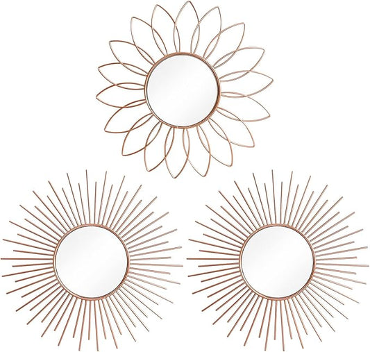 3 Pack Metal Mirrors for Wall Sunburst Wall Mirrors Home Décor Decorative Hanging Wall Art for Living Room Bedroom Entryway (Rose Gold2, Flower+Sunburst)