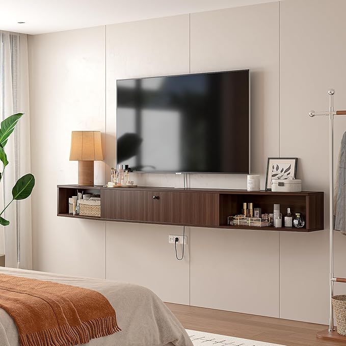 47 inch Floating TV Stand,Plywood Wall Mounted Entertainment Center with 1 Door & 2 Open Cabinets,Floating Media Console with Wire Holes,Hanging TV Shelf for Living Room, Bedroom Walnut