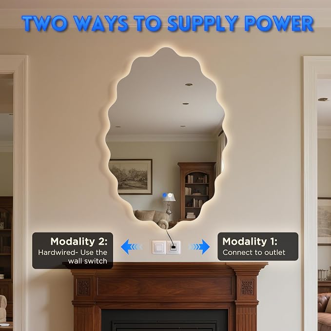 Oval Wavy Led Bathroom Mirror- Vanity Mirror with Lights IP54 Enhanced Anti-Fog,Single Piece 22"x30" 3 Colors Dimmable, Memory,Tempered Glass,UL Listed