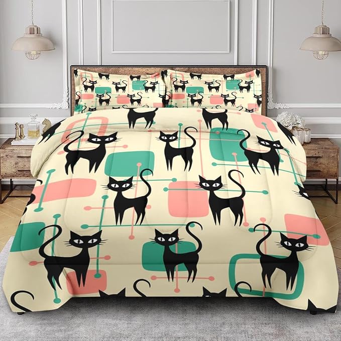 Mid Century Colorful Cat King Comforter Set, Atomic 50S Retro Bedding Set 3 Piece, All Season Soft Children Adults Bedroom Bed Decoration Comforter and 2 Pillow Shams