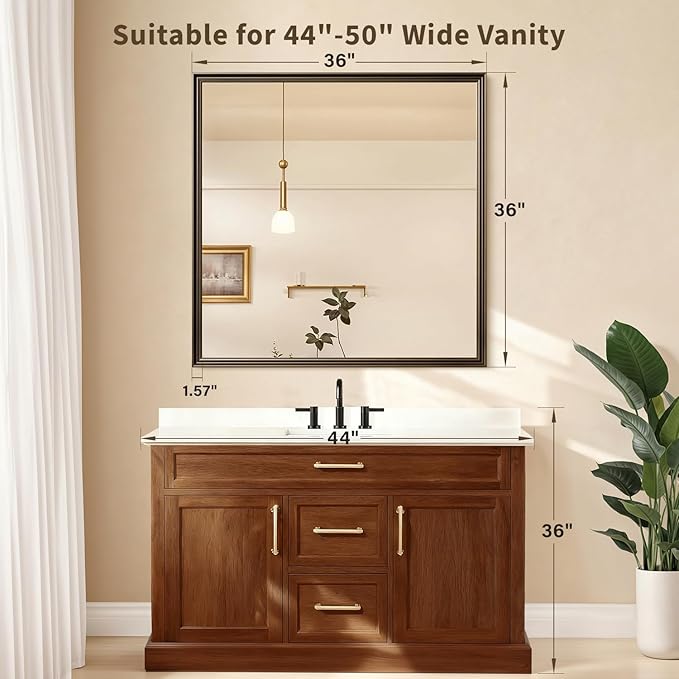 Retro Copper Effect Framed Wall Mirror, 36x36 Rectangle Mirror, Anti-desilvering Tempered Glass, Sustainable&Sturdy Frame, Anti-Rust, HD Reflection &3min Fast Setup for Bathroom Living Room