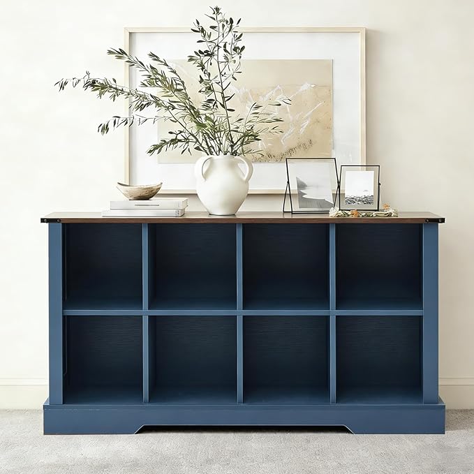 8 Cube Storage Organizer, 2 Tier Book Shelf with Led Lights, Farmhouse Book Shelves for Living Room, Horizontal Toy Storage Bookshelf, Wood Display Bookcase Cabinet for Bedroom, Office, Blue