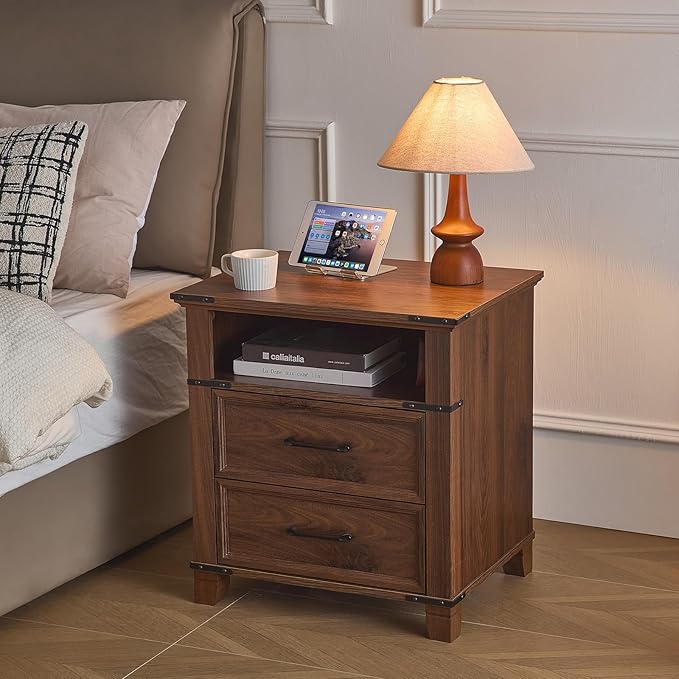 22" Nightstand, Farmhouse Nightstand with 2 Drawers,Industrial Bedside Table with Open Shelf for Bedroom Living Room,Office Bed Side Tables Couch End Table,Brown