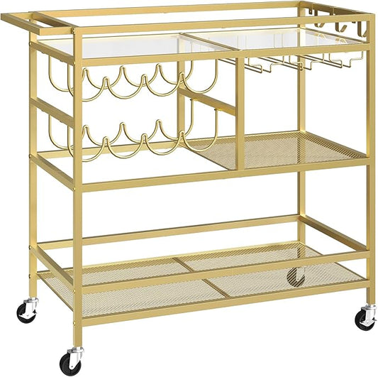 MAHANCRIS Bar Cart for Home, 3-Tier Serving Cart with Wheels and Handle, Beverage Cart with Wine Rack and Glass Holders, Rolling Wine Cart for Kitchen, Dining Room, Gold RCGD81B01