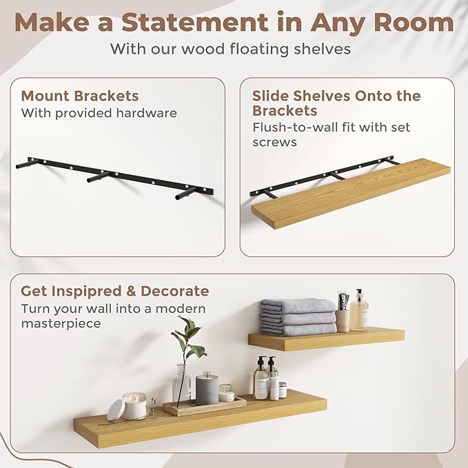 55 Inch Floating Shelves for Wall Set of 2, 8"D Wood Grain Bathroom Shelves with Invisible Brackets, Easy Install Engineered Wood Storage Shelves for Kitchen, Living Room, Bedroom, Oak Finish