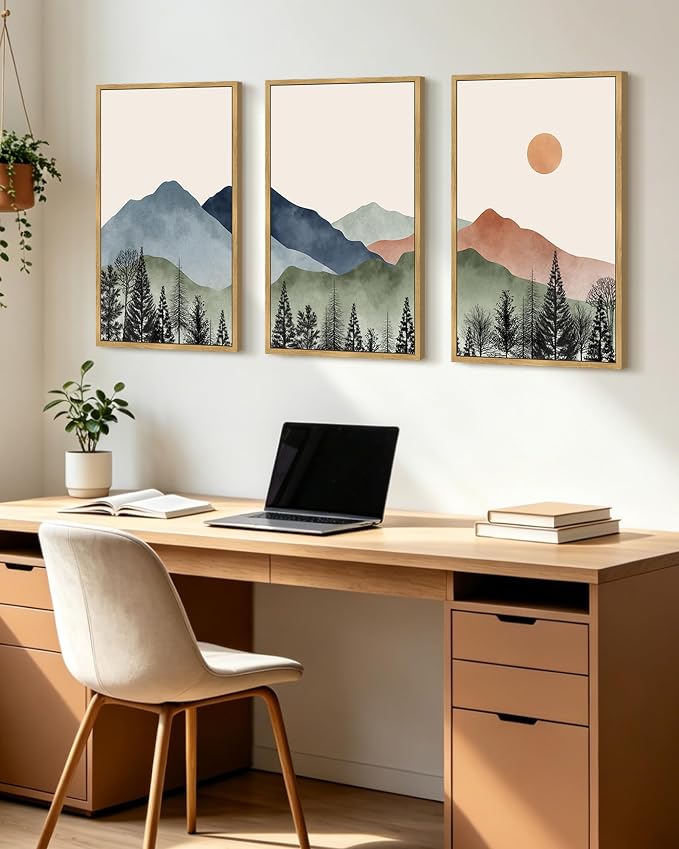 KUVIOKE Mountain Landscape Framed Wall Art Watercolor Nature Painting Boho Sun Rise Prints Farmhouse Rustic Room Decor Ready to Hang 16x24in (Natural Framed)