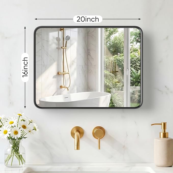 NEWBULIG 16X20 Inch Bathroom Mirror for Over Sink, Wall Vanity Mirrors Tempered Glass, Anti-Rust Metal Framed Rounded Rectangle, Hangs Horizontally or Vertically, Farmhouse Home Decor, Black