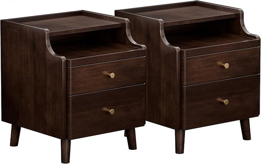 Narrow Nightstand with Drawers, Pre-Assembled Solid Wood Small Skinny Night Stand with Open Sliding Shelf Slim Bedside Table for Bedroom, Slim Side Table (2, Black Walnut, 16")