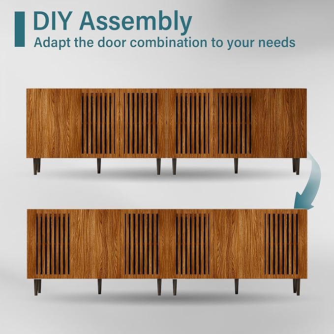 CHUWELL Farmhouse Storage Cabinet, 94.4" Buffet Cabinet with 6 DIY Doors and Adjustable Shelf, Sideboard Coffee Bar with Solid Wood Feet for Kitchen,Dining Room,Living Room,Brown