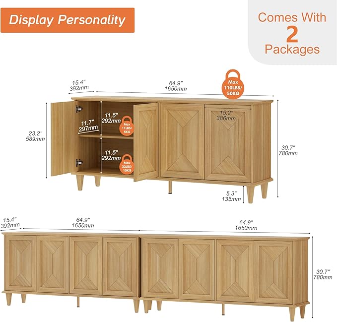 WAMPAT 130-inch Handcrafted Patchwork Decorative Buffet Cabinet with Pop-Up Design Doors,2-in-1 Large Modern Farmhouse Accent Credenza for Coffee Bar, Kitchen, and Living Room, Natural Oak