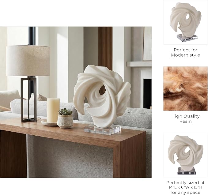 Abstract Swirl Sculpture Home Decor Figurine Ornament - Resin Accent Statue on Acrylic Base for Shelf or Coffee Table Decor - Decorative Display for Living Room, Bathroom, Office or Room - 15”, White