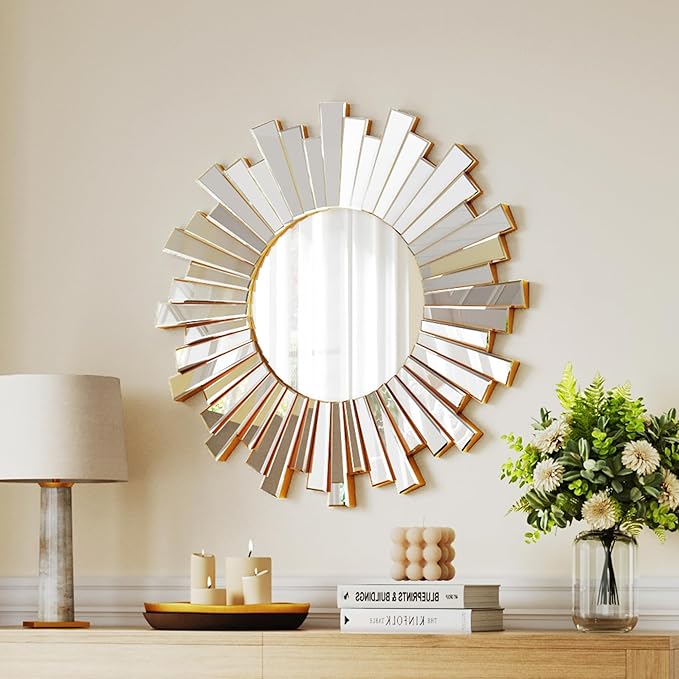 Gold Sunburst Mirror, 26" Sun Mirror Wall Decor with Beveled Glass Frame, Starburst Mirrors for Entryway, Dining Room, Living Room