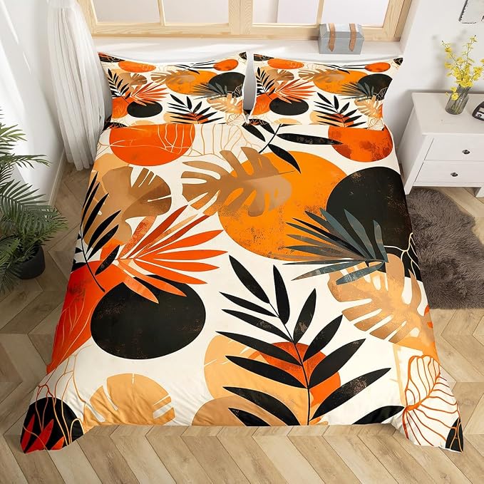 Feelyou Palm Leaf Duvet Cover Twin Size Kids Modern Abstract Art Bedding Set Boys Girls Boho Bohemian Style Comforter Cover Set Mid Century Geometric Exotic Floral Bedspread Cover(No Comforter)
