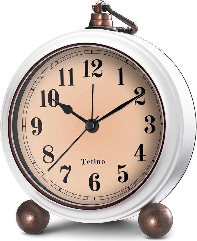 Analog Alarm Clock,Battery Powered Desk Clocks with Night Light,Silent Non Ticking,Retro Simply Design Alarm Clocks for Living Room, Bedroom, Bedside,Dormitory,Decor,Gift (White)