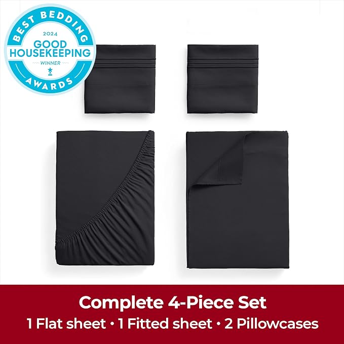 Mellanni Extra Deep King Sheets - 4 PC Iconic Collection Bedding - Hotel Luxury, Ultra Soft, Cooling Bed Sheets - Wrinkle, Fade, Stain Resistant (King, Black)