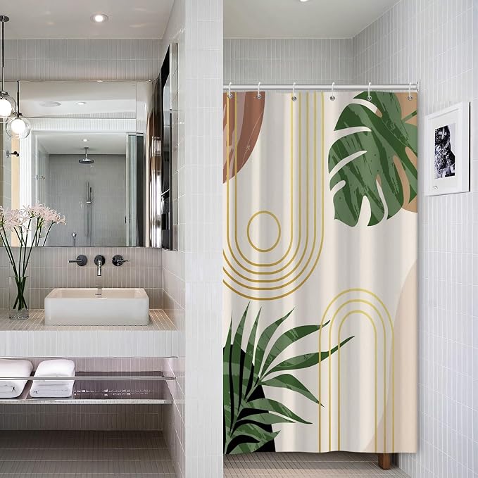 Boho Sage Green Shower Curtain Bohemian Mid Century Geometric Abstract Curve Bathroom Curtain Palm Leaf Polyester Shower Curtain Sets for Bathroom Extra Long 54x72 in with 10 Hooks