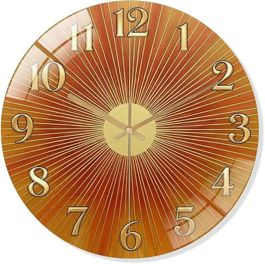 16 Inch Orange Sunburst Glass Wall Clock Silent Art Decor | Silent glossy clock with warm orange sunburst and gold numbers, accurately tracking time for your retro living room