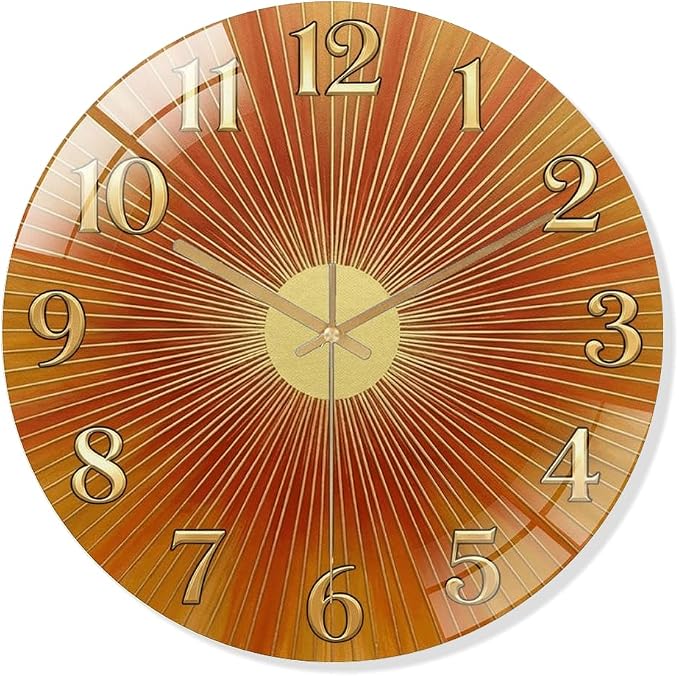 24 Inch Orange Sunburst Glass Wall Clock Silent Art Decor | Silent glossy clock with warm orange sunburst and gold numbers, accurately tracking time for your retro living room