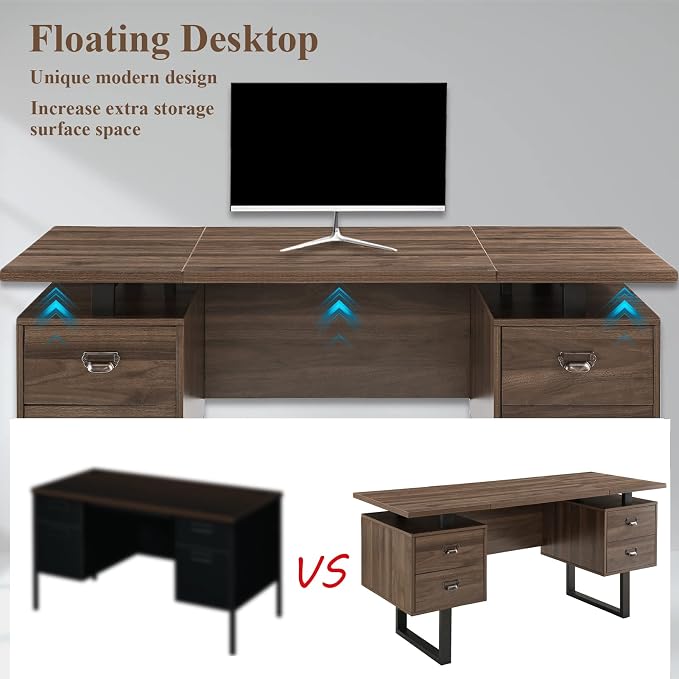 Computer Desk with Drawers, 59" L Contemporary Home Office Laptop Desk with Floating Desktop and 4 Storage Drawers Vintage Study Gaming Table with Metal Frame, Walnut-WA
