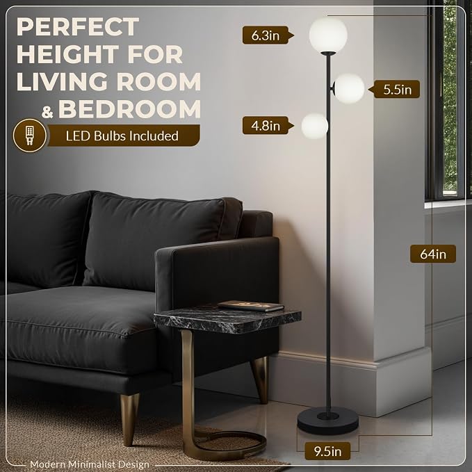 3 Globe Floor Lamp - Mid Century Modern Standing Light with 3 Color Temperatures, LED Bulbs, Frosted Glass Shades for Living Room (Black)