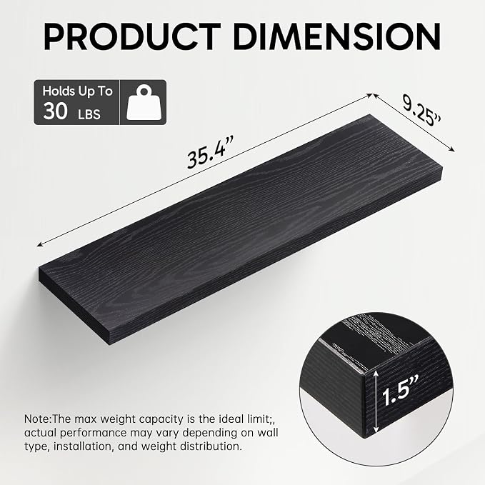 BAYKA Floating Shelves for Wall, Set of 3, 35.4 Inches Long Black Wall Mounted Rustic Wood Shelves for Bathroom, Bedroom, Living Room or Kitchen, for Book/Storage/Decor with 30lbs Capacity