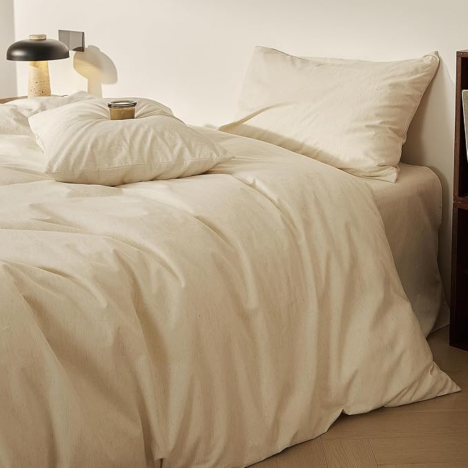 mixinni 3 Piece Washed Cotton Linen Blend Duvet Cover Set Queen Size, Soft Breathable Farmhouse Beige Neutral Solid Duvet Cover with Natural Linen Texture, 90x90 inches with 2 Pillowcases