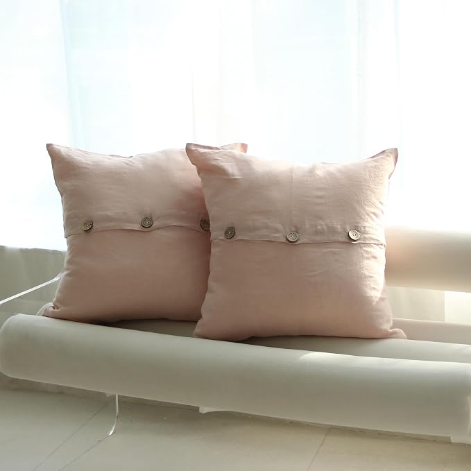 Simple&Opulence Linen Throw Pillow Covers Pack of 2, Triple Coconut Button Vintage Farmhouse Natural Flax Decorative Square Cushion Cover for Sofa Couch Chair - Brush Pink, 18'' x 18''