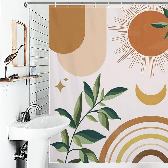 Boho Leaf Shower Curtains,Bohemian Modern Abstract Tropical Palm Leaves Plant Mid Century Summer Modern Bathroom Decor Set with Hooks,72x78Inch
