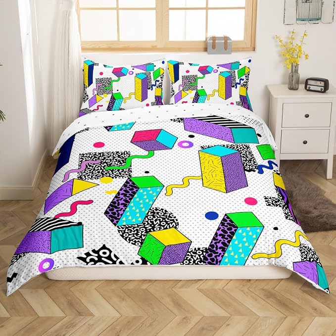 Erosebridal Memphis Pattern Bedding Set Full Size,Retro Decor 80s Duvet Cover Funky 80s 90s Comforter Cover Memphis Style Decor 80s Backdrop 90s Bed Set Retro 80s Bedding Vintage 1980 Party Decor