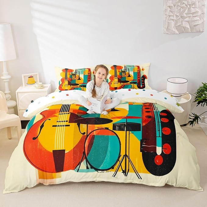 Erosebridal Retro Music Bedding Set King for Kids Adults - Abstract Musical Instrument Duvet Cover Mid Century Modern Jazz Comforter Cover,Trendy Geometric Square Bed Set