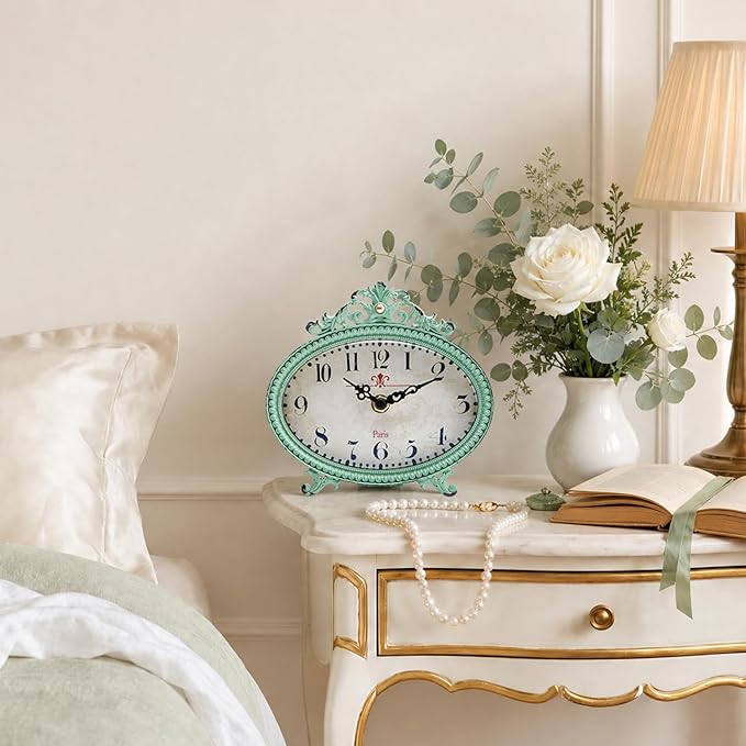 NIKKY HOME Vintage Table Clock, French Turquoise Color Rococo Style Desk Clock Battery Operated Rustic Design, Home Décor for Living Room, Bedroom, Bedside, Desk, Gift Clock