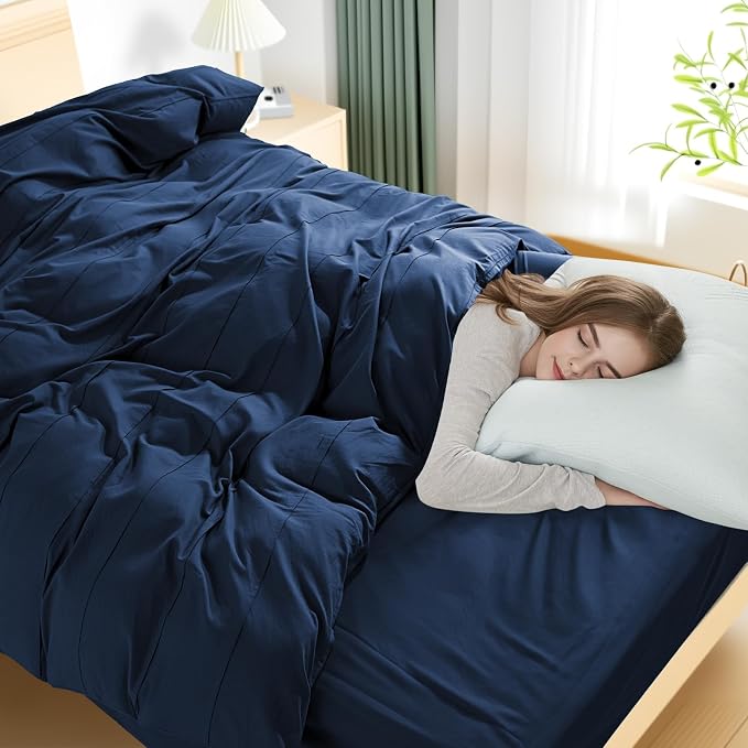 NEXHOME PRO 100% Organic Cotton Duvet Cover Full Size, Linen Like Pleated Textured Navy Duvet Cover Set, 3pc Bedding Set with Zipper Closure, Soft, Lightweight and Breathable (80"x90", No Comforter)