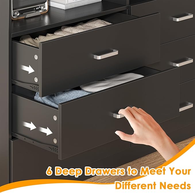 Bigbiglife 6 Drawers Dresser for Bedroom with Open Storage Cubby, Double Wide Dresser Organizer for Bedroom, Living Room, Entryway, Hallway (Black)