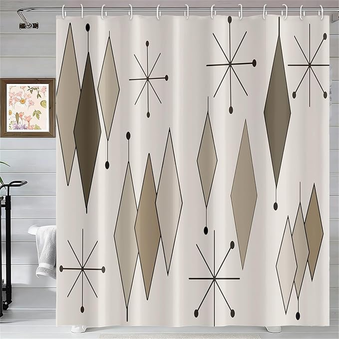 Boho Light Grey Brown Shower Curtain Abstract Mid Century Diamond Geometric Atomic Starburst Pattern Beige for 1950s Retro Bathroom Decor Shower Curtain Set with 12 Hooks, 72x96 Inches
