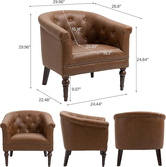 Accent Chair, Upholstered Faux Leather Barrel Chair with Nailed Trim, Comfy Club Armchair for Reading Living Room Bedroom Waiting Room (Rust, Set of 4)