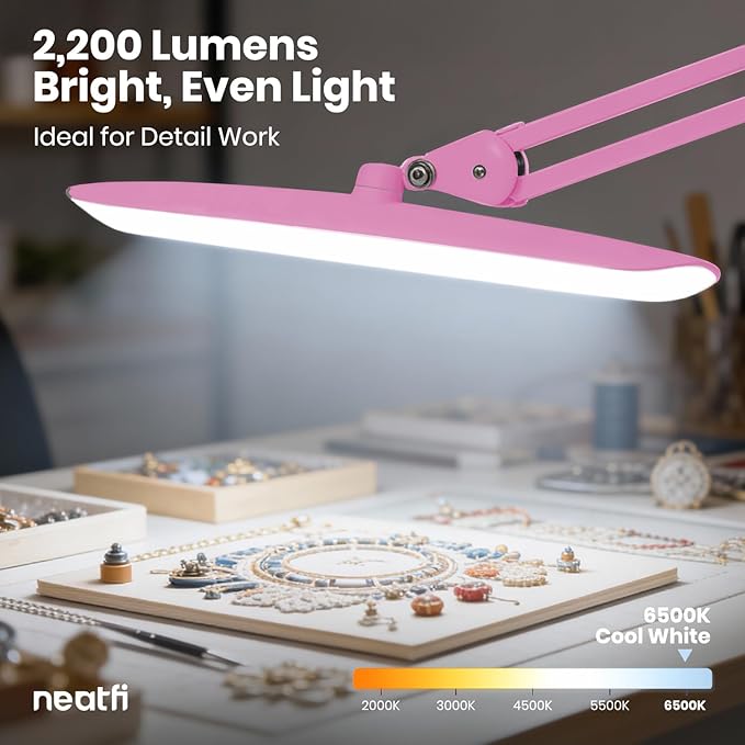 Neatfi XL Nail Desk Lamp with Clamp, 2200 Lumens, 20-Inch Wide Head, Dimmable 4 Levels, 6500K, LED Task Light for Manicure Table, Crafts, Workbench, Office (Non-CCT, Pink)