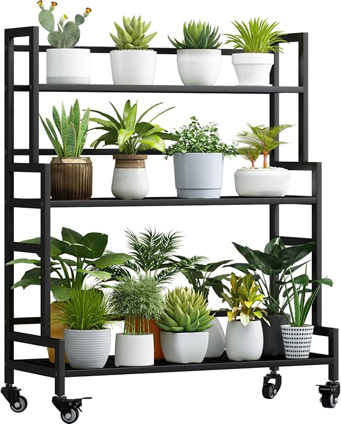 YIZAJIA Plant Stand Indoor 3 Tier Metal Outdoor Tiered Stands Shelf With wheel for Multiple Plants Potted Ladder Plant Holder Table Plant Pot Stand for Window Garden Balcony Living Room