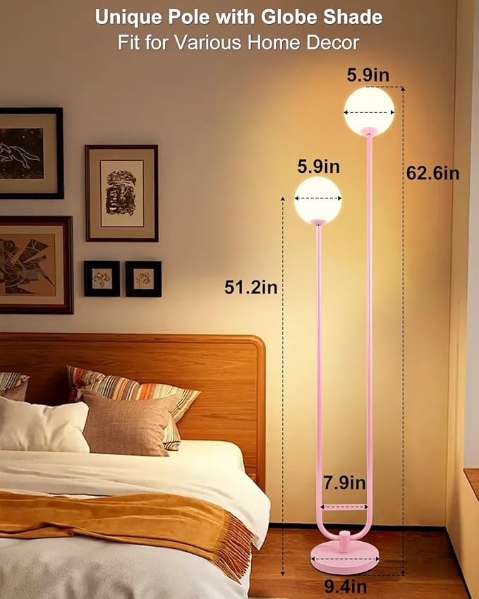 Lightdot 63IN Pink Floor Lamp, Modern Mid Century Globe Standing Lamps with 3000K LED Bulbs Included Candle Holder Style Unique Vintage Tall Floor Lamp for Living Room/Wedding/Sofa Beside/Corner Decor