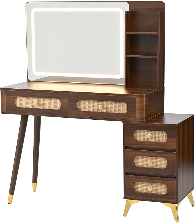 Boho Brown Vanity Desk with Mirror and Lights, Wooden Vanity Desk with Drawers & Shelves, 3 Lighting Modes Makeup Vanitys Tables for Bedroom, Dressing Room, Adjustable Brightness (Dark Walnut)