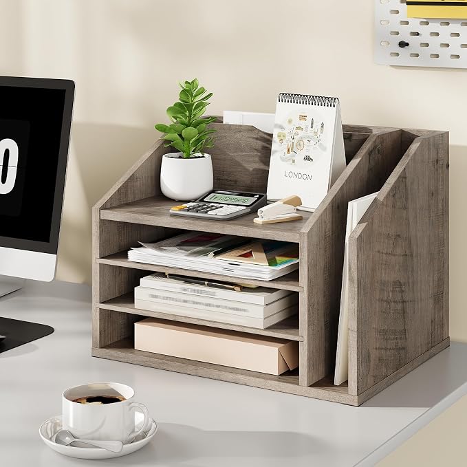 CHOEZON Wooden Desk Organizer with Adjustable Partitions, Multi-Layer Desktop File Holder for Home Office, Paper & Stationery Storage Organizer, Greige MWJ04FH