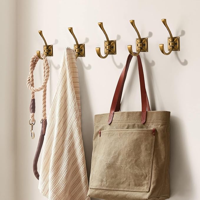 Large Wall Hooks 5 Pack Antique Brass Coat Hooks Hardware Towel Hooks for Hanging Coats 4.35 Inch Double Robe Hooks Wall Mounted with Screws for Key, Towel, Bags, Cup, Hat