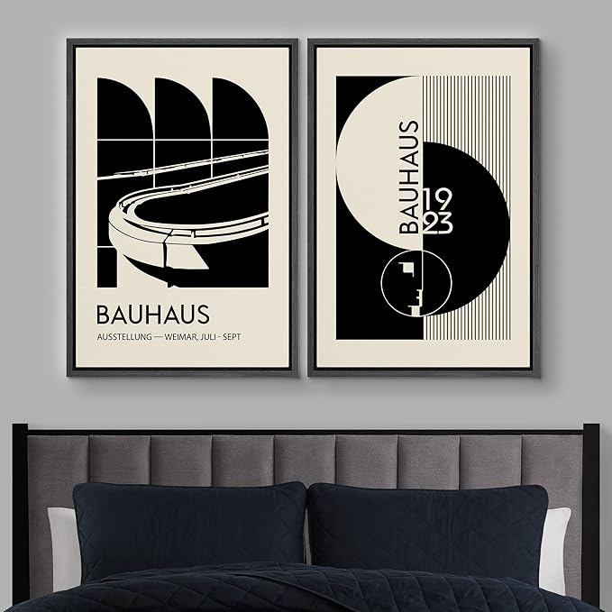 IDEA4WALL Framed Canvas Print Wall Art Set Bauhaus Geometric Black Architecture Circles Abstract Shapes Illustrations Modern Art Decorative for Living Room, Bedroom, Office - 24"x36"x2 Black