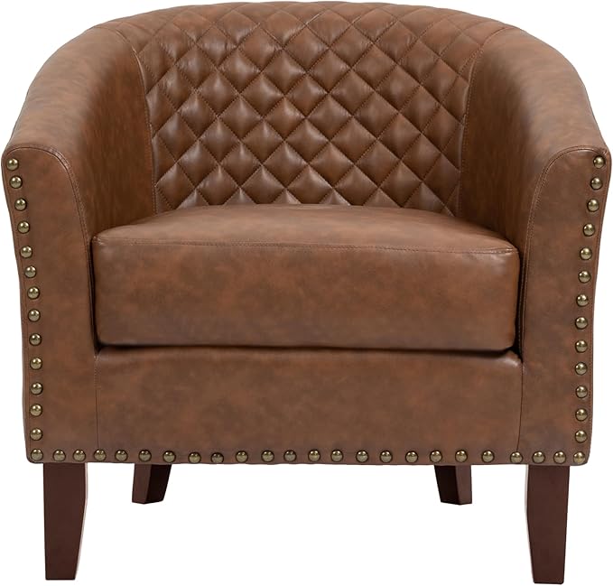 UIXE Faux Leather Accent Chair, Barrel Club Chair Modern Upholstered Armchair for Living Room, Comfy Round Arm Chair Single Sofa Bedroom Reading Seat - Brown