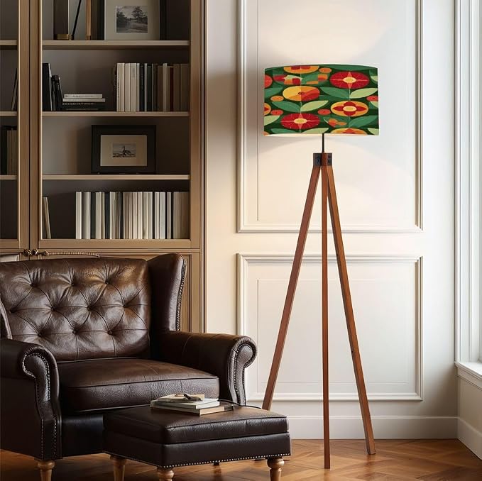 Wood Tripod Floor Lamp Flowers leaves nature Abstract geometric seamless Decorative ornament Mid Century Standing Lamp Linen Shade Dimmable Modern Tall lamp Home Decor for Living Room Bedroom Office