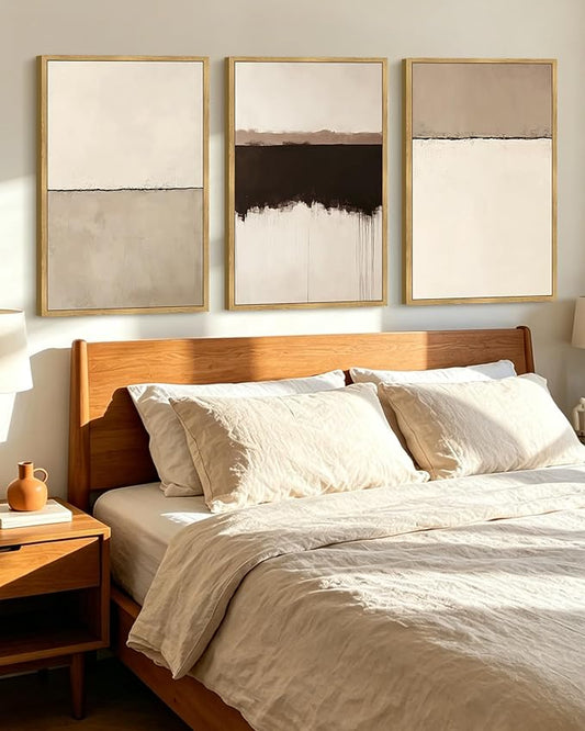 KUVIOKE Abstract Framed Canvas Wall Art Minimalist Beige Gray Pastel Watercolor Wall Decor Modern Illustration Neutral Art Painting for Bedroom Dining Room 24x36in (Natural Framed)