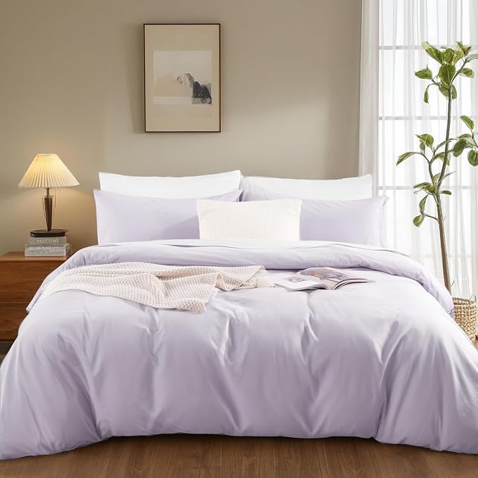 NEXHOME PRO Queen Duvet Cover Set, 100% Washed Cotton with Linen-Like Texture, Natural Organic, Breathable & Comfortable, Includes Home Bedding Set Lilac (No Comforter) 9090